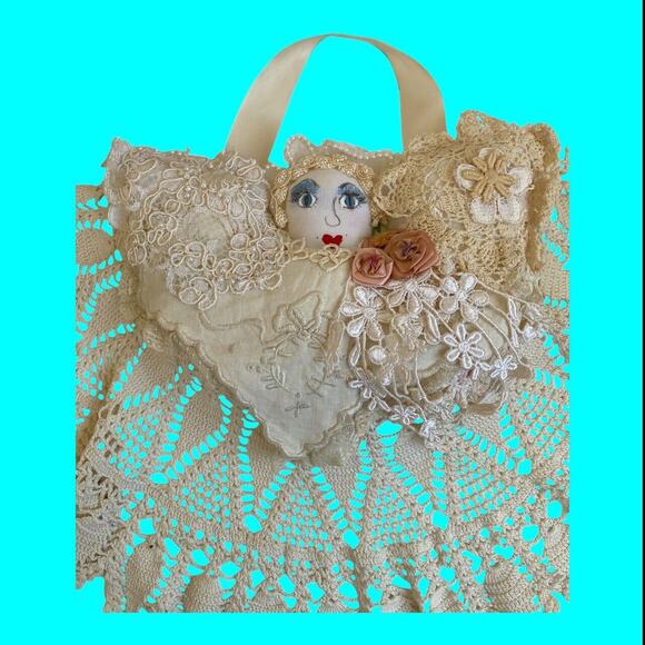 Vtg Handmade Hanging Doll Pin Cushion Crochet Doily Skirt Appliqués Ribbon 20x12 - Picture 2 of 10
